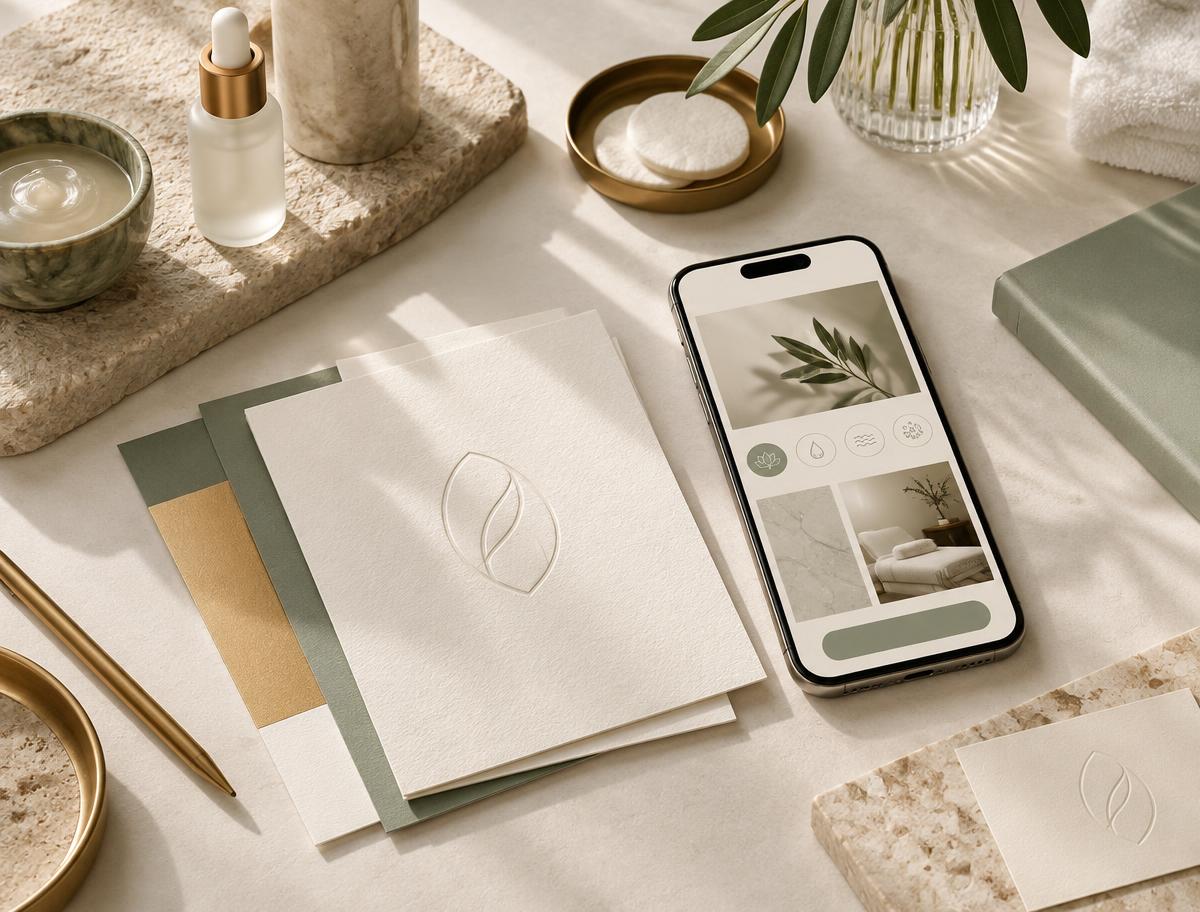 Materiales de marca de una clínica junto a una app móvil personalizada